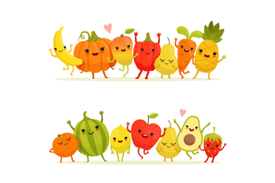 Cartoon fruits and vegetables in group