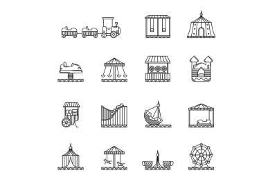 Amusement, circus and carousel linear vector icon set