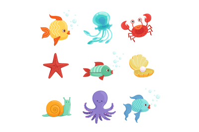 Marine set with underwater plants and sea fishes in cartoon style