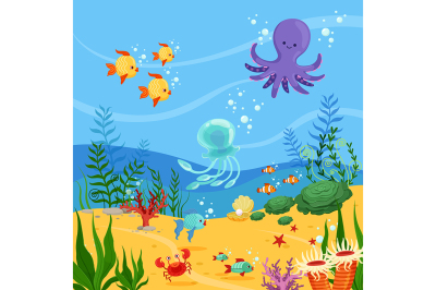 Underwater background illustration with ocean animals, plants and fish