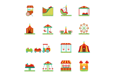 Icon set of attractions in amusement park