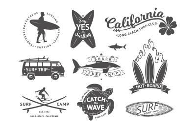 Surf boards emblem and badges vector set