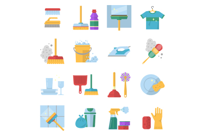 Cleaning service symbols. Different colored tools in cartoon style