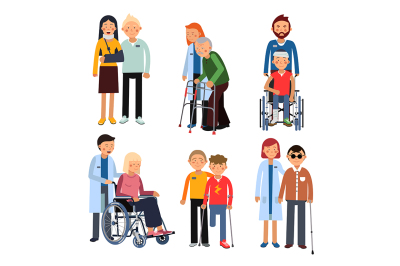 Disabled people group or hospital patients and helping man