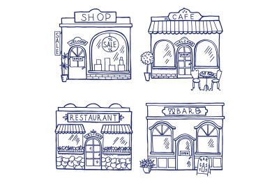 Hand drawn illustration of different buildings and market places