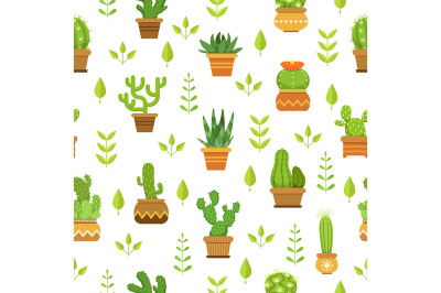 Desert plants with flowers. Cactus in pots. Vector seamless pattern