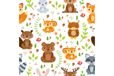 Vector seamless pattern of forest animals and summer plants