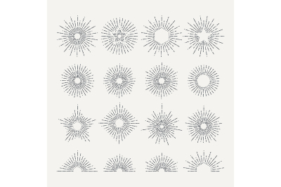 Sunburst retro icon set. Line drawing of sunshine