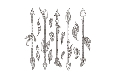 Decorative arrows and feathers set in boho style