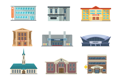 Different municipal buildings. Police station, school, hospital