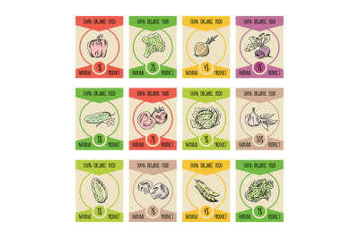 Vector vegetables illustrations on price cards for farmers market