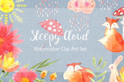 Sleepy Cloud Watercolor Clip Art Set