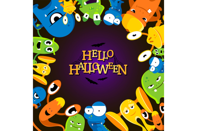 Cute cartoon halloween background with funny monsters