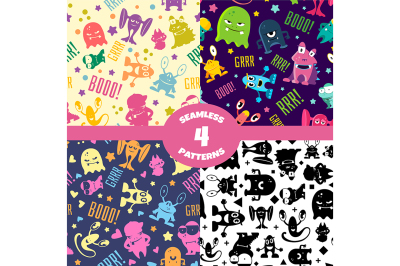 Seamless patterns set with cute cartoon monsters
