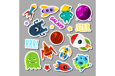 Set of stickers with space objects and monsters