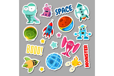 Set of stickers with space objects and monsters