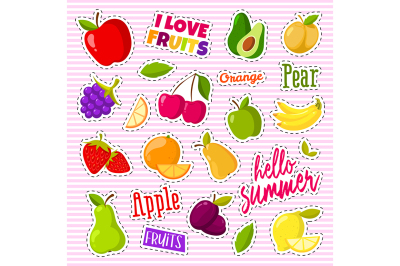 Set of cute fruits in the form of a retro patches