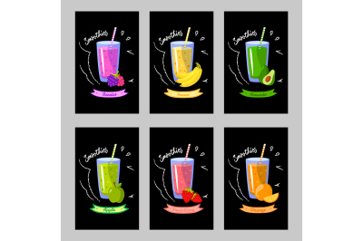 Set of cards with different smoothies on a black background