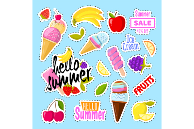 Set of cute ice cream and fruits in the form of a retro patches