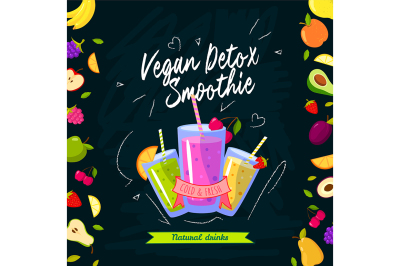 Smoothies time. Vector illustration with different smoothies and fruit