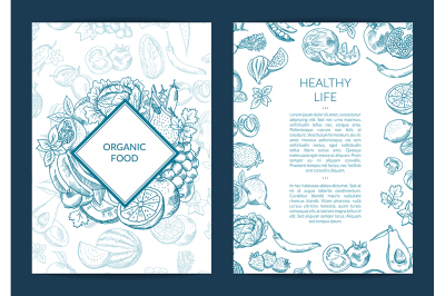 Vector handdrawn fruits and vegetables vegan, healthy food card