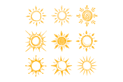 Funny doodle summer smile orange sun vector icons