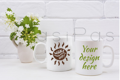 Two white coffee mug mockup with viburnum flowers