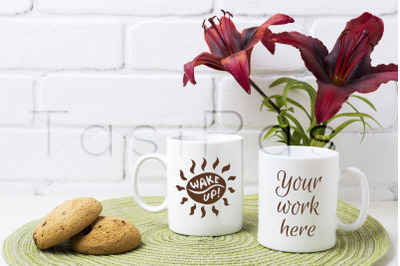 Two coffee mug mockup with red lily and cookie