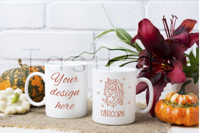 Two coffee mug mockup with pumpkins and lily