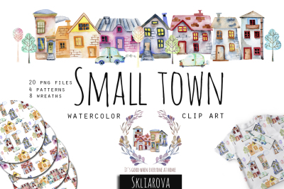 Small town. Watercolor clip art set.