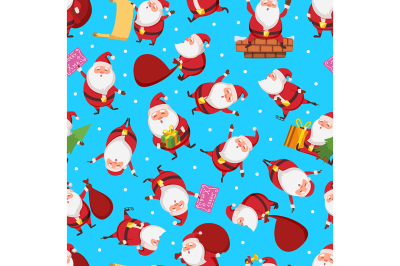 Christmas seamless pattern with santa in different action poses