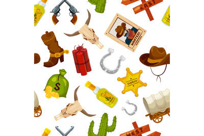 Cowboy, boots, guns and other wild west objects in cartoon style