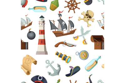 Marine seamless pattern with different pirates items