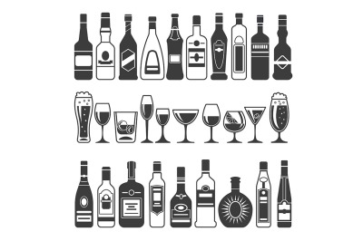 Monochrome illustrations of black pictures of alcoholic bottles