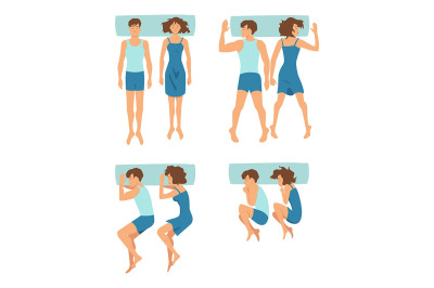 Top view of couple sleeping together in different funny positions