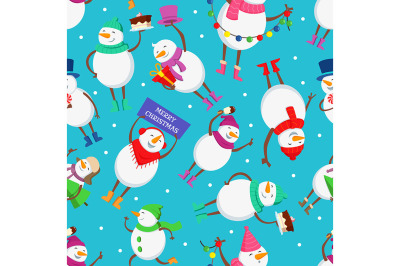 Christmas seamless pattern with funny characters of snowman