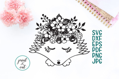 Hedgehog face with bouquet of flowers svg dxf cutting file