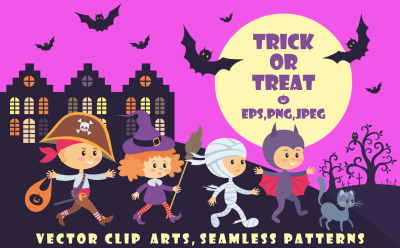 Trick or treat. Children in Halloween costumes.