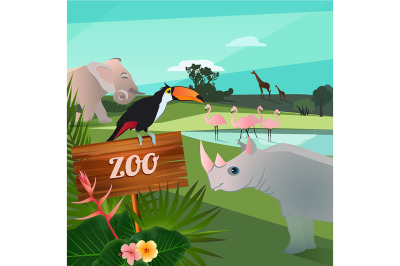 Cartoon illustration of wild animals in zoo