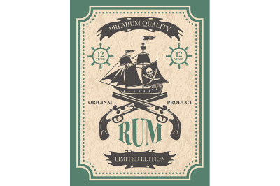 Rum. Vintage label at pirate theme