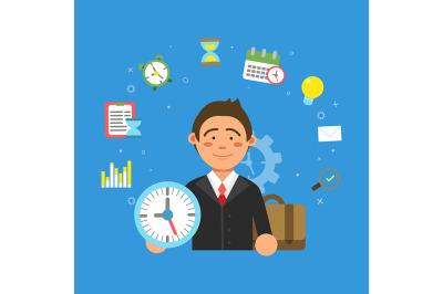 Businessman and different symbols of productivity and time management