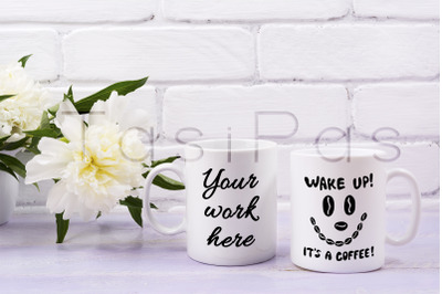 Two coffee mug mockup with ivory peony flower