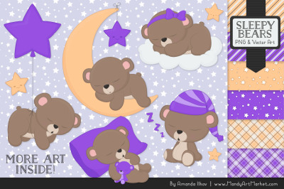 Beary Cute Sleepy Bears Clipart & Papers Set in Purple