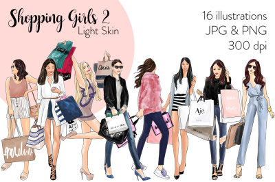 Watercolor Fashion Clipart - Shopping Girls 2 - Light Skin