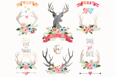 Watercolor Floral Antlers Elements