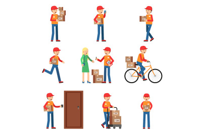 Delivery worker in different action poses