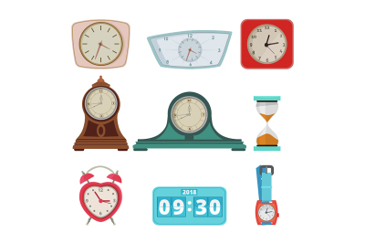 Set of different clocks and hand watches isolate on white