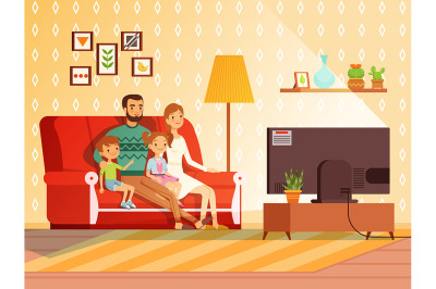 Lifestyle of modern family. Mother, father and children watching tv