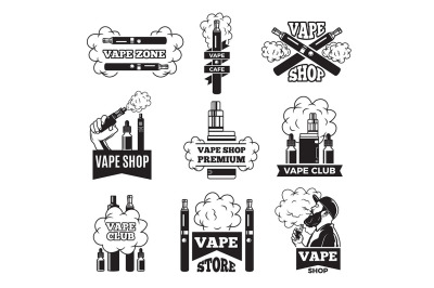 Badges and labels with illustrations of vapor from electric cigarette.