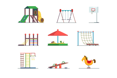 Playground equipment. Fun area for kids. Vector set